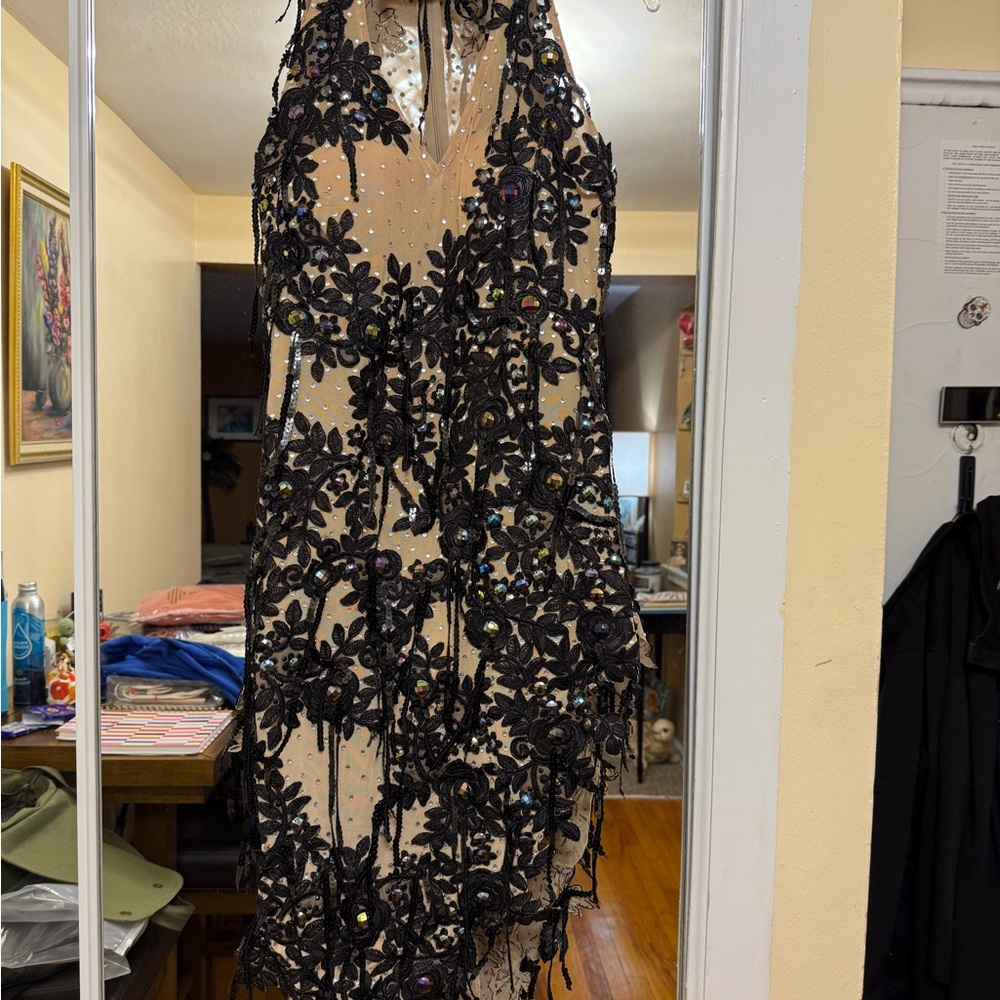 Chic Black Floral Embellished Backless Latin dance dress